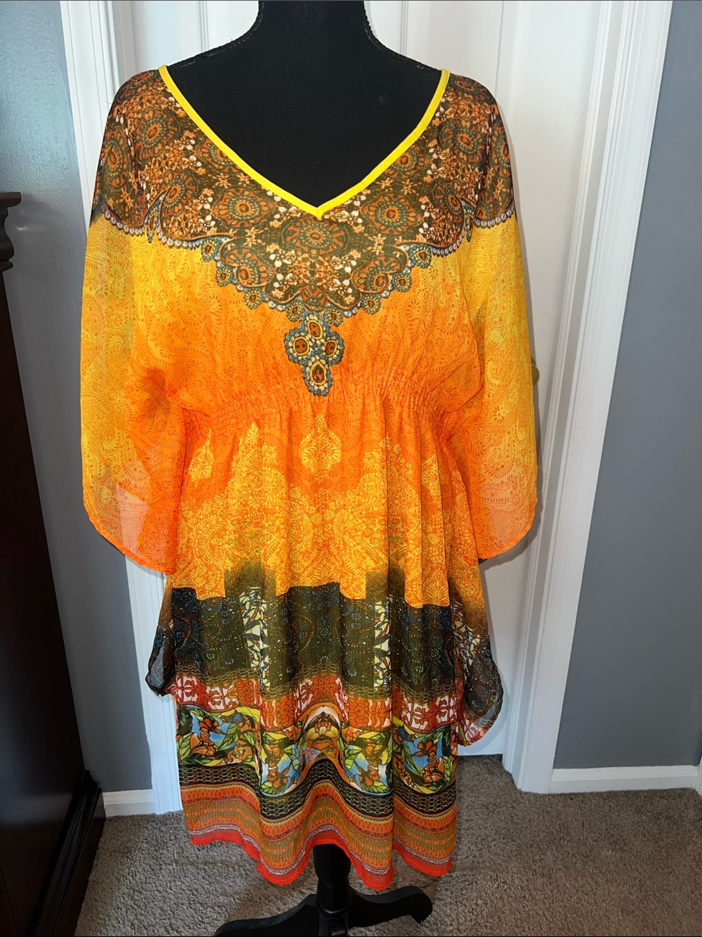 Boho V-Neck Sheer Tunic Dress/Top - Orange Gradient